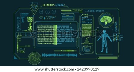 Futuristic medical research program interface with data decoding.
