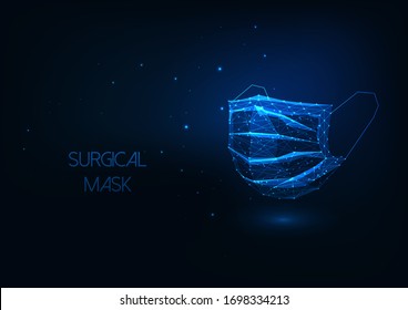 Futuristic medical surgical protective facial mask isolated on dark blue background. Coronavirus protection. Glowing low polygonal wire frame mesh design vector illustration.