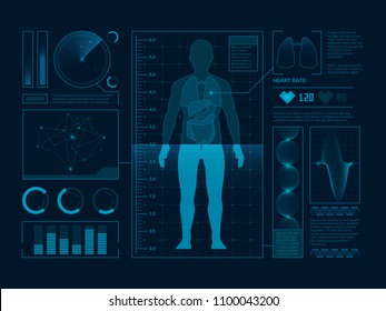 Futuristic Medical Symbols Of Scan For Web Interface. Visualization Of Digital Human Verify. Vector Hud Ui Data Infographic Illustration