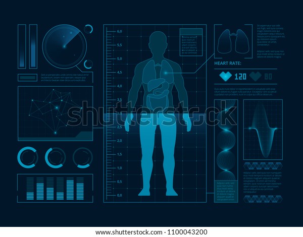 ウェブインターフェイスのスキャンの未来的な医療記号 デジタル ヒューマン ベリファイのビジュアル化 ベクターhud Uiデータインフォグラフィック イラスト のベクター画像素材 ロイヤリティフリー