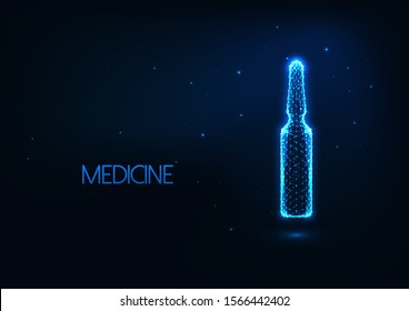 Futuristic medical treatment concept with glowing low polygonal glass ampoule with liquid medications isolated on dark blue background. Modern wire frame mesh design vector illustration.