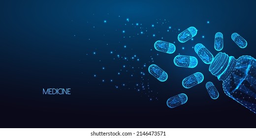 Futuristic medicine bottle concept banner glowing low polygonal style and copy space on dark blue 