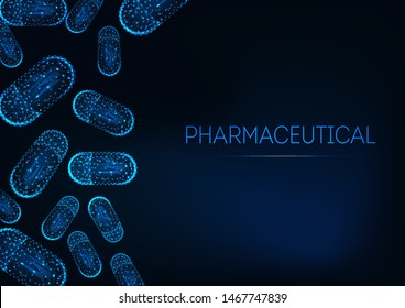 Futuristic medicine concept with glowing low polygonal capsule pills and text pharmaceutical on dark blue background. Pharmacology research. Modern wireframe design vector illustration. 