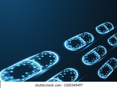 Futuristic medicine concept with glowing low polygonal capsule pills and text pharmaceutical on dark blue background. Pharmacology research. Vector illustration