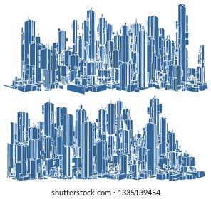 Futuristic Megalopolis City Of Skyscrapers Vector 84. Landscape View Isolated Illustration.