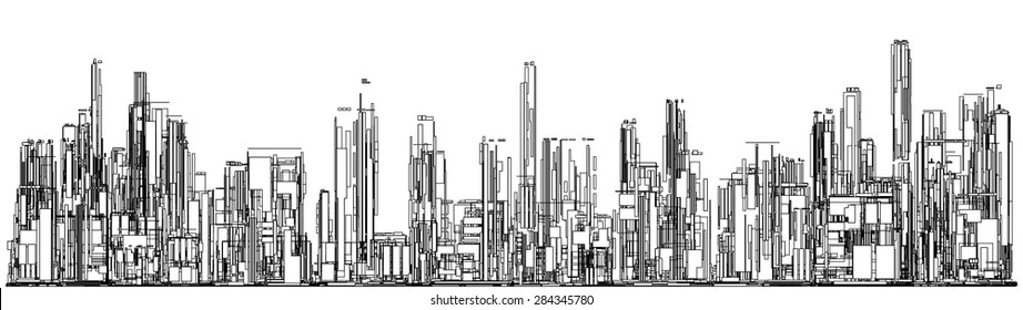 Futuristic Megalopolis City Of Skyscrapers Vector. Landscape View. 