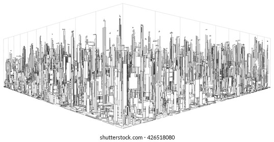 Futuristic Megalopolis City Of Skyscrapers Vector. Landscape View.