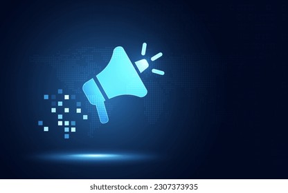 Futuristic Megaphone speaker announcement advertising blue digital transformation abstract technology background. Innovative technology and digital marketing concept. Vector illustration