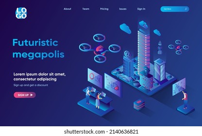 Futuristic megapolis concept 3d isometric web landing page. People monitor indicators and control hi-tech technologies and infrastructure in smart city. Vector illustration for web template design