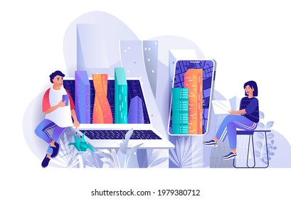 El concepto de megapolis futurista en diseño plano. Ciudad inteligente en plantilla de escena de smartphone. Rascacielos, centro de negocios moderno, infraestructura urbana. Ilustración vectorial de las actividades de personajes