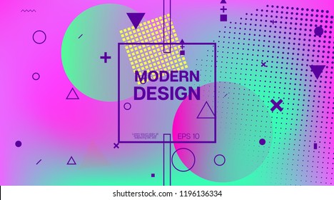 Futuristic Memphis Minimal Cover Vector Template. Vivid Color Overlay, Space Cosmic Gradient Background. Memphis Design Geometric Elements, Minimal Cover. Vintage Elemets Business Design