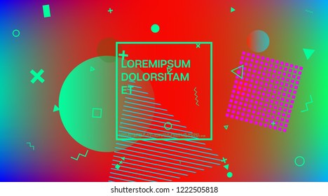 Futuristic Memphis Minimal Cover Vector Template. Neon Gradient Overlay, Small Space Particles Background. Memphis Design Geometric Elements, Minimal Cover. Abstract Retro Minimalist Corporate Design