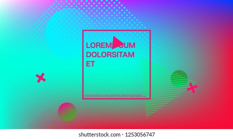 Futuristic Memphis Minimal Cover Vector Template. Neon Gradient Overlay, Small Space Particles Background. Memphis Design Geometric Elements, Minimal Cover. Vintage Abstract Shapes Business Design
