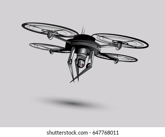 A futuristic menacing Vector Surveillance Drone with a camera and robot arms. 