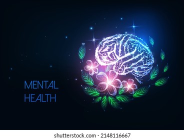 Futuristic mental health concept with glowing low polygonal human brain and flowers on dark blue 