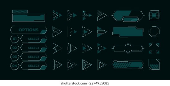 Elementos futuristas del menú. Botones HUD enmarcan flechas y cursores para iniciar juego de pantalla o aplicación, activo de la interfaz de usuario de neon. Conjunto aislado de vectores. Selección de opciones, fronteras aisladas modernas