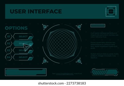 Futuristic menu screen. Game UI start screen with neon futuristic buttons frames arrows, game elements cyberpunk asset. Vector graphic template. User interface with options, radar