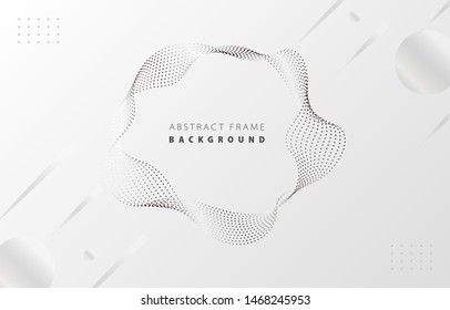 Futuristic metal silver gradient dot wave frame vector white Memphis background, dotted grey rotate line border digital dynamic elegant wavy flow spin round, technology web poster card print template