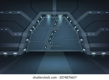 Futuristische Metall Schiebetüren. Realistisches Interieur des Flusses im Raumschiff. Geschlossenes Tor mit beleuchtetem Eingangsrahmen. Ausstiegskonzept für Bunker oder Raumfahrzeuge. 3D-Vektorgrafik