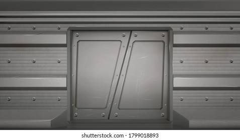 Futuristic metal sliding doors in spaceship, submarine or laboratory. Vector realistic interior of empty hallway in space ship with old scratched closed gate. Steel doors in spacecraft