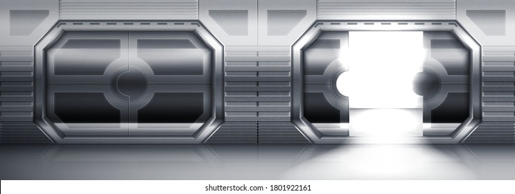Futuristic metal sliding doors in spaceship, submarine or laboratory. Vector realistic interior of empty hallway with open and closed steel gates. Stainless doors in spacecraft or lab