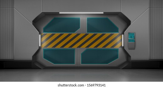 Futuristic metal sliding doors with warning striped tape. Vector realistic interior of empty hallway in spaceship. Closed gate with security code lock keypad and screen on the wall