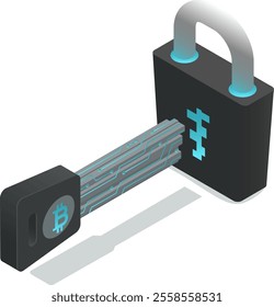Futuristic metallic key with electric circuits and bitcoin logo unlocking cryptocurrency padlock, ensuring secure transactions and protecting digital assets