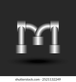 O logotipo M da letra metálica futurista com design de tubos industriais, textura de prata cromada e elementos geométricos 3d, perfeito para marcas de alta tecnologia, visuais com temas de máquinas, projetos relacionados à engenharia.