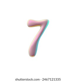 Futuristic metallic number 7 icon in Y2K style. Smooth, shiny finish with pastel iridescence. This 3D icon vector illustration is perfect for modern digital art, branding, and design projects