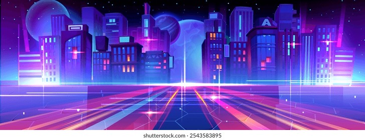 Futuristic metaverse aesthetic city skyline glowing in neon purple and blue colors. Digital grid surface reflects vibrant lights towards illuminated skyscrapers. Tech elements with cosmic planets.