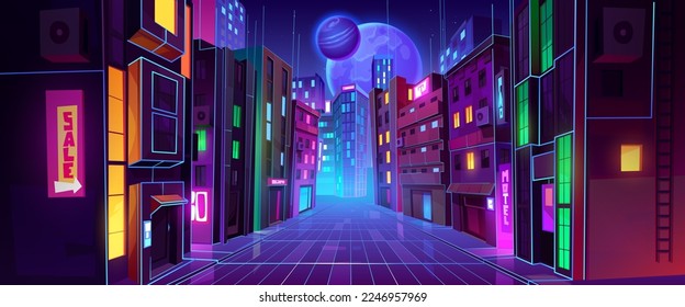 Futuristic metaverse city background with modern architecture and colorful illumination. Contemporary vector illustration of night megalopolis with skyscrapers, neon signs, alien planets in dark sky