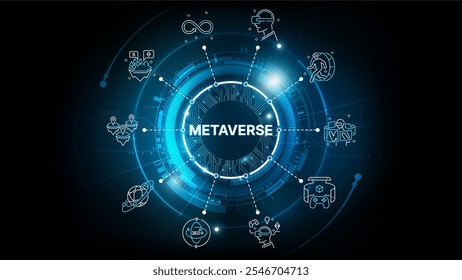 Conceito Metaverso Futurista com Visuais Icônicos Representando Realidade Virtual, Interação Digital e Experiências Aumentadas em um Ecossistema Digital Conectado, ilustração vetorial