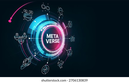 Concepto metaverso futurista con imágenes icónicas que representan la realidad virtual, la interacción digital y las experiencias aumentadas en un ecosistema digital conectado, Ilustración vectorial