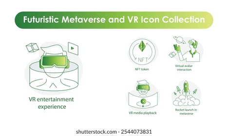 Metaverso futurista y Colección de íconos de realidad virtual: NFT, avatar virtual y medios de realidad virtual.