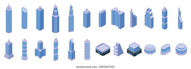 Futuristic metropolis architecture icons set. Set of isometric skyscrapers representing modern buildings for a digital urban project