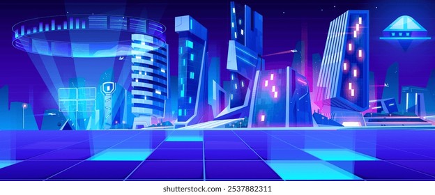 Metrópole futurista com luzes de néon azul e violeta. Arranha-céus de vidro no centro da cidade. Vetor de desenhos animados metaverse tecnologia paisagem urbana com brilho holográfico exibe e piso de grade digital.