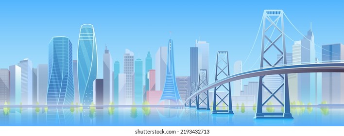 Futuristic metropolis cityscape with bridge and silhouettes of creative modern buildings vector illustration. Cartoon panorama, urban landscape with house construction and infrastructure background