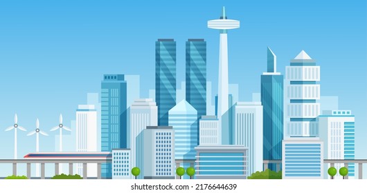 Futuristic metropolis cityscape with telecommunication towers, modern skyscrapers and railway vector illustration. Cartoon future windfarm, high office buildings and bridge with transport background