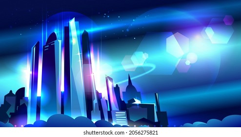 Futuristic metropolis vector illustration design. Night neon urban cityscape horizontal background with urban architecture.