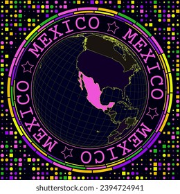 Futuristic Mexico on globe. Bright neon satellite view of the world centered on Mexico. Geographical illustration with shape of country and geometric background. Radiant vector illustration.