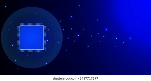 Microchip futurista con puntos y líneas de conexión. Inteligencia artificial y concepto de alta tecnología digital de la computadora sobre fondo azul. Ilustración vectorial.