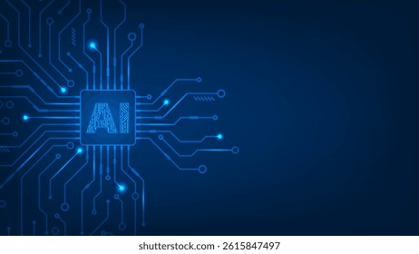Futuristic microchip CPU circuit board blue light with concept artificial intelligence. Technology abstract background.