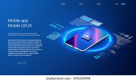 Futuristic microchip processor with backlight on the phone in blue. Quantum phone Processor the ISO banner.Digital chip.Modern cpu,great design for any purposes