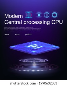 Futuristic microchip processor for computer. Processing large amounts of information. Isometric cyberbanner cpu. Digital chip for motherboard