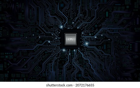 Futuristic microchip processor. CPU Chip on Motherboard. Central Computer Processors CPU concept. Quantum computer, large data processing, database concept. Digital chip.