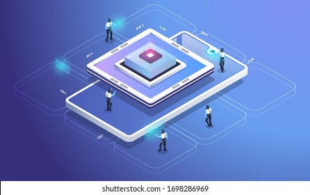 Procesador de microchips futurista. Chip digital.Cpu moderno. Ilustración isométrica moderna.