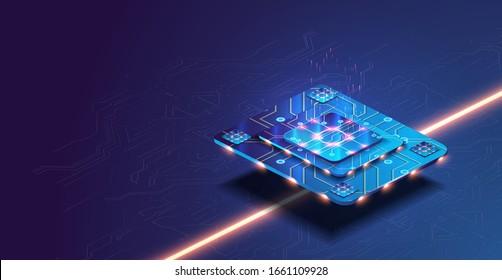 Procesador de microchips futurista con luces en el fondo azul. Computadora cuántica, gran procesamiento de datos, concepto de base de datos. Desarrollo de la tecnología futura CPU y microprocesadores para el aprendizaje de máquinas