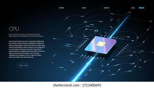 Futuristic microchip processor with lights on the blue background. Quantum computer, large data processing, database concept. Future technology development CPU and microprocessors for machine