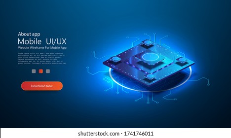 Futuristic microchip processor with lights on the blue background. Quantum computer, large data processing, database concept. CPU isometric banner. Central Computer Processors CPU concept.Digital chip
