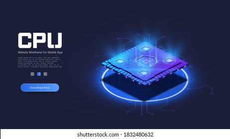 Procesador de microchip futurista con luces en el fondo azul. Computadora cuántica, procesamiento de grandes datos, concepto de base de datos. Banner isométrico de CPU. Chip digital chip de la tarjeta madre digital. Vector 